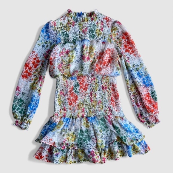 Aqua Floral Ruched Long Sleeve Dress Women’s Medium - Picture 2 of 6